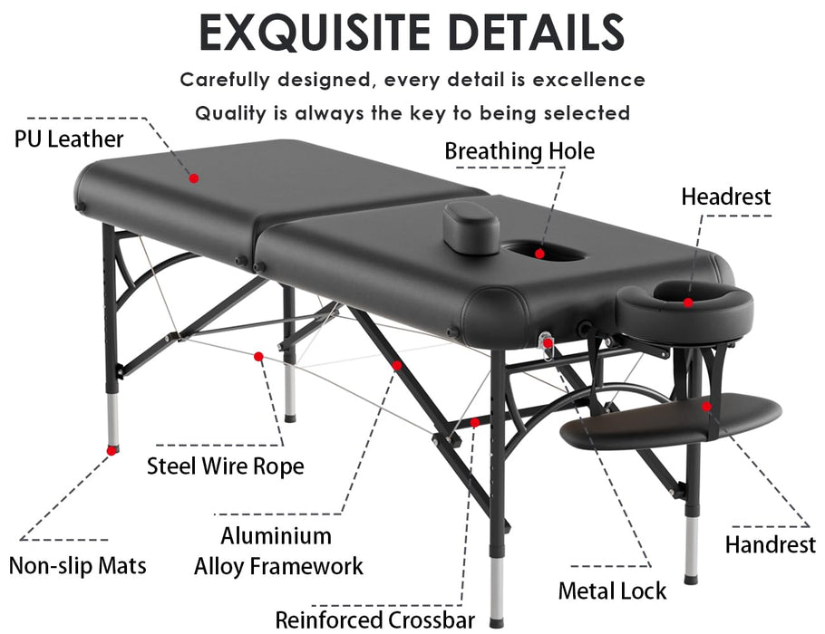 CLORIS 84" Professional Massage Table Portable 2 Folding Lightweight Facial Solon Spa Tattoo Bed Height Adjustable with Carrying Bag & Aluminium Leg Hold Up to 1100LBS