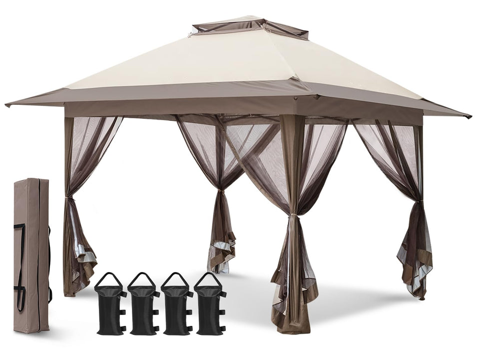 EAGLE PEAK 13x13 Pop-Up Gazebo Tent Instant w/Mosquito Netting, Outdoor Gazebo Canopy Easy Set-up Folding Shelter (Beige/Brown)…