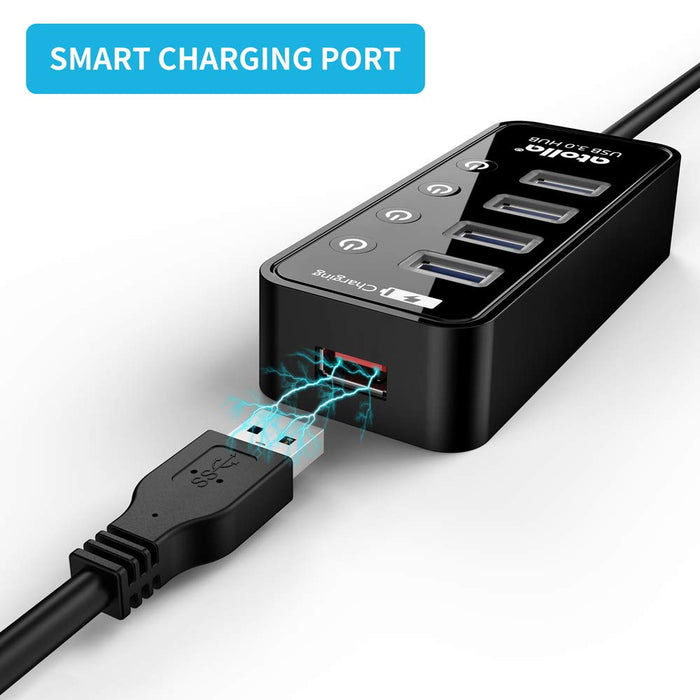 Atolla 4-Port USB 3.0 Hub with 4 Data Ports, 1 Smart Charging Port, Individual On/Off Switches and 5V/3A Adapter