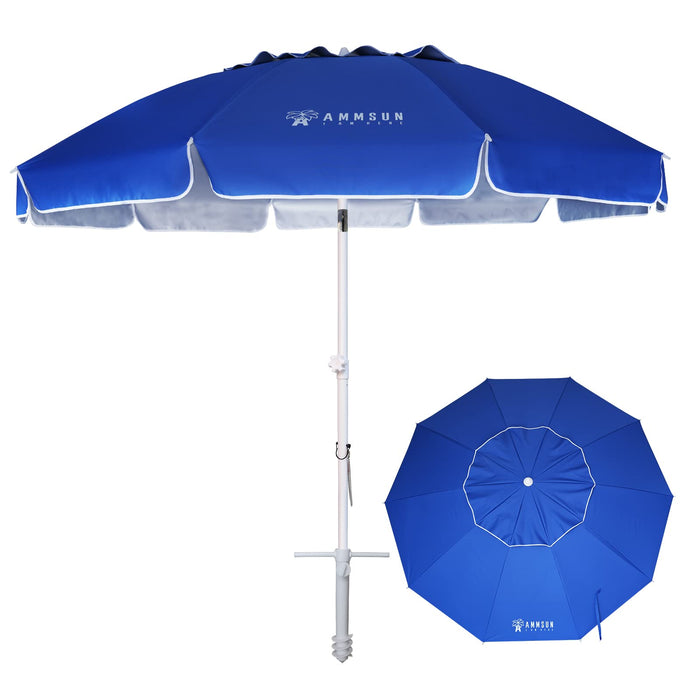 AMMSUN 8 Feet Large Beach Umbrella with Sand Anchor Heavy Duty High Wind Portable Outdoor Umbrellas UV 50+ Protection Air Vent Tilt Patio Garden Pool Blue