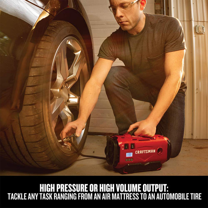 CRAFTSMAN V20 Tire Inflator, Portable Air Compressor, 3 Modes: Cordless, 120V Corded, and 12V Car Adapter, Air Pump, Battery Sold Separately (CMCE520B)