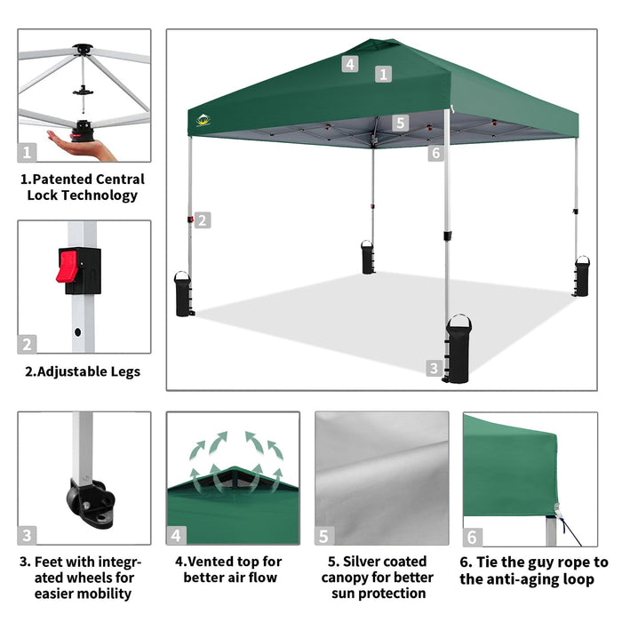 Crown Shades 10x10 Pop up Canopy Tent, Patented One Push Pop Up Tent with Wheeled Carry Bag, Bonus 8 Stakes and 4 Ropes, Forest Green