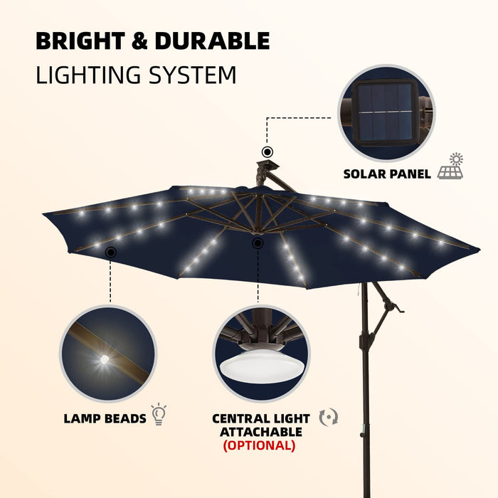 wikiwiki 10ft Solar LED Offset Hanging Market Patio Umbrella for Backyard, Poolside, Lawn and Garden,Easy Tilt Adjustment, Polyester Shade & Cross Base, Navy Blue