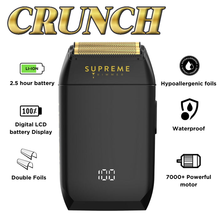 Supreme Trimmer Crunch Mens Foil Shaver STF602 | 150 Minute Run Time Men's Electric Razor | Waterproof Shaver for Short Hair or Stubble, Barber Use | Black