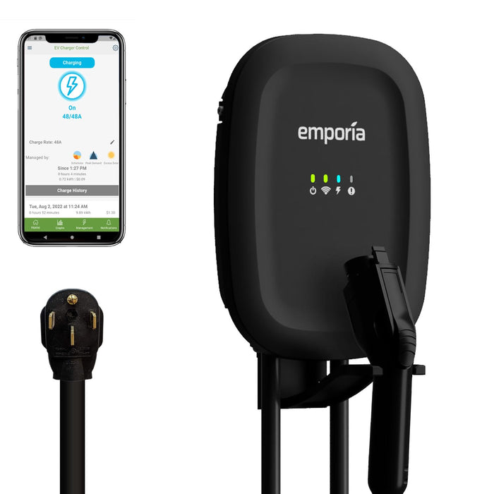 EMPORIA Level 2 EV Charger - NEMA 14-50 EVSE w/ J1772 Charger - 48 amp EV Charger Level 2, 240v WiFi Enabled Electric Vehicle Charging Station, UL/Energy Star, 24ft Electric Car Charger Cable (Black)