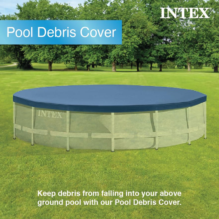 INTEX 28032E Pool Cover: for 15ft Round Metal Frame Pools – includes Rope Tie – Drain Holes – 10in Overhang – Snug Fit