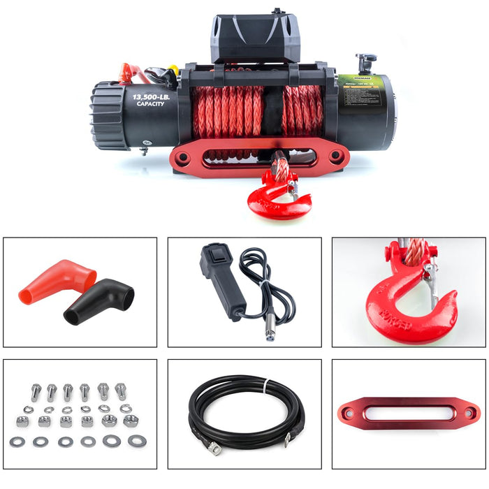 RUGCEL 13500lb Waterproof Electric Red Synthetic Rope Winch with Hawse Fairlead, Wired Handle (13500LB RED)