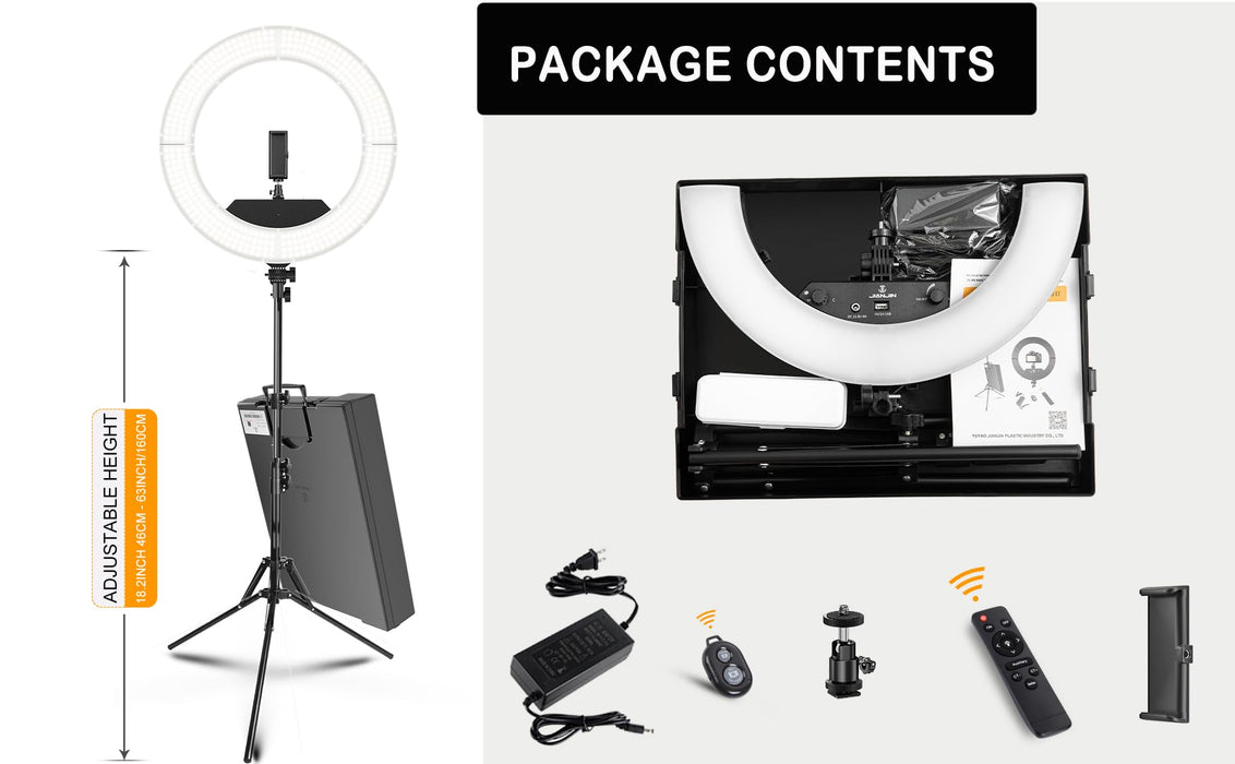 JJ JIANJIN Ring Light Kit:18"/45cm Outer 55W6700k Dimmable LED Light, Tripod Stand, Remote Controller,Box for Camera,Smartphone,YouTube,TikTok,Self-Portrait Shooting,CRI90,Black