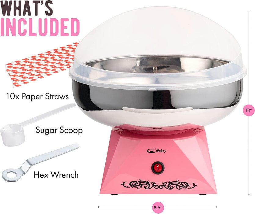 The Candery Cotton Candy Machine with Stainless Steel Bowl 2.0 and Floss Bundle- Flossing Sugar Floss Candy for Birthday Parties Fairs - Includes 3 Floss Sugar Flavors 12oz Jars and 50 Paper Cones