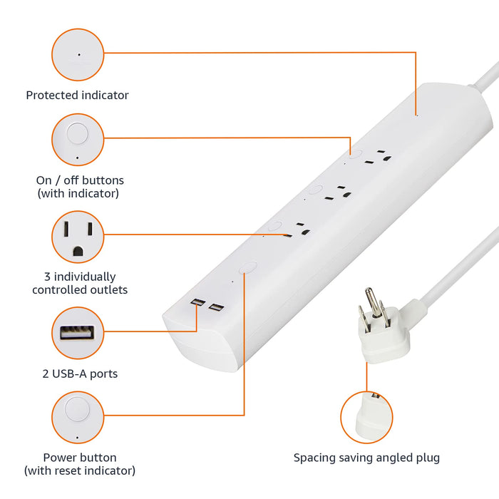 Amazon Basics Rectangular Smart Plug Power Strip, Surge Protector with 3 Individually Controlled Smart Outlets and 2 USB Ports, 2.4 GHz Wi-Fi, Works with Alexa, White, 11.02 x 2.56 x 1.38 in