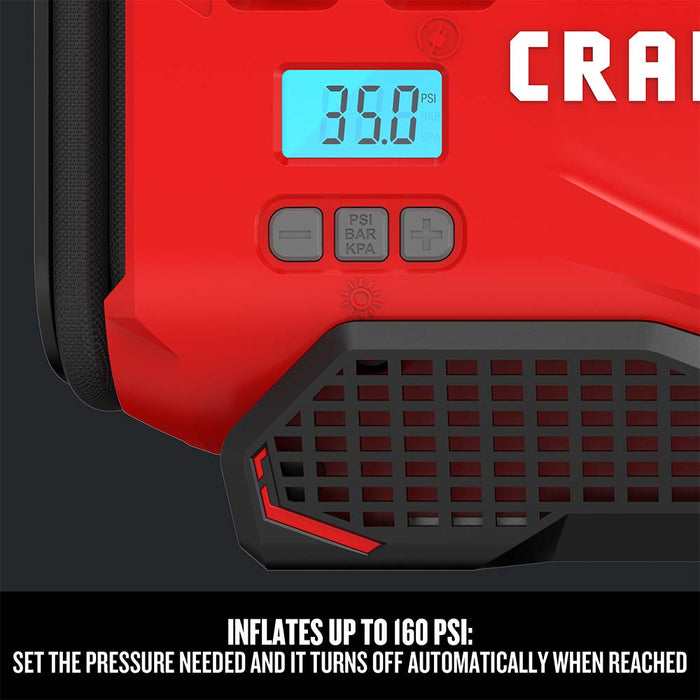 CRAFTSMAN V20 Tire Inflator, Portable Air Compressor, 3 Modes: Cordless, 120V Corded, and 12V Car Adapter, Air Pump, Battery Sold Separately (CMCE520B)