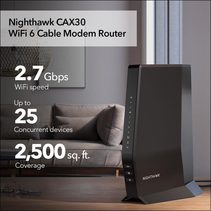 NETGEAR Nighthawk WiFi 6 Cable Modem Router CAX30 Compatible with Xfinity, Spectrum, and Cox, AX2700 (Up to 2.7Gbps) DOCSIS 3.1