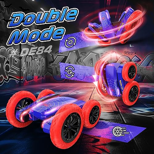 DEERC Spider Remote Control Car - Double Sided Mini RC Stunt Car, 360°Rotating 4WD Off-Road RC Cars with Headlights 2.4Ghz Indoor/Outdoor Rechargeable Toy Car for Boys age 4-7 8-12 Birthday Xmas Gift