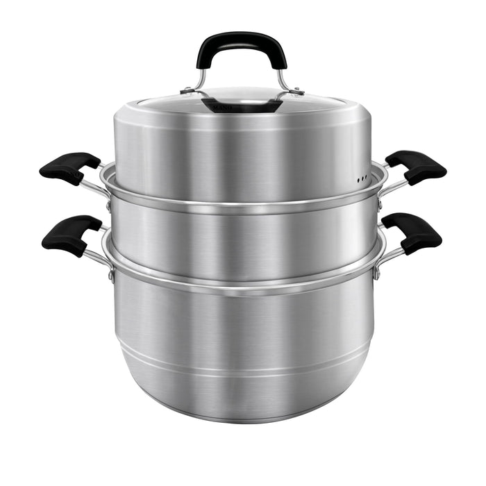 MANO Steamer Pot for Cooking 11 inch Steam Pots with Lid 2-tier Multipurpose Stainless Steel Steaming Pot Cookware with Handle for Vegetable, Dumpling, Stock, Sauce, Food