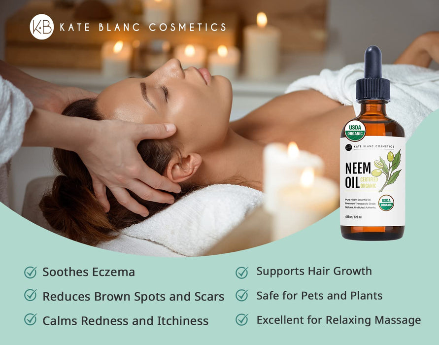 Kate Blanc Cosmetics Neem Oil for Skin (4oz) Natural & USDA Organic Neem Oil Concentrate. 100% Pure Neem Oil for Hair Growth and Organic Neem Oil for Plants. Mixed with Water to Create Plant Spray