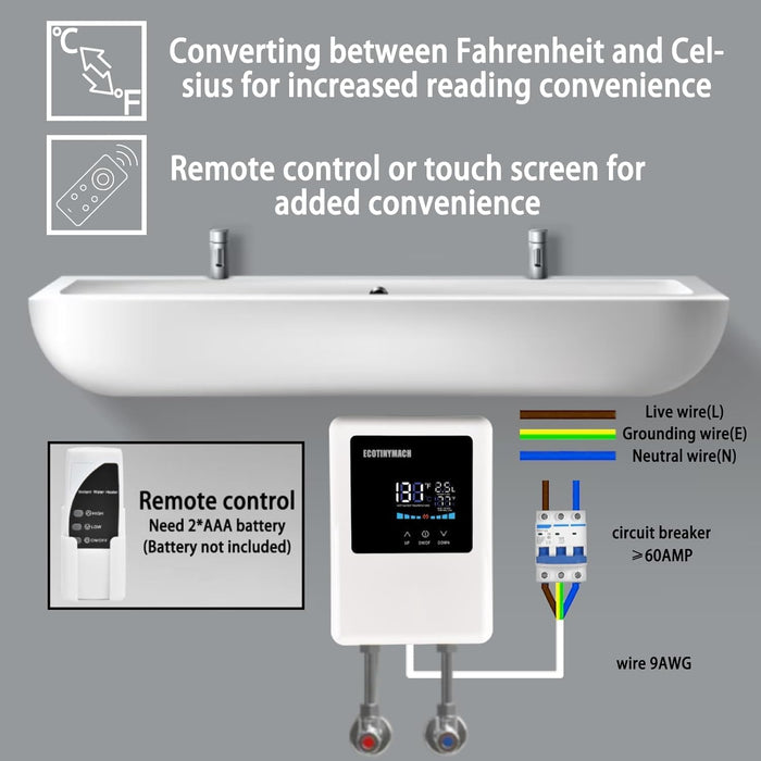 ECOTINYMACH Tankless Water Heater Electric 110V, 5000W Instant Water Heater Under Sink, Conversion Between Fahrenheit and Celsius, Remote Control, White