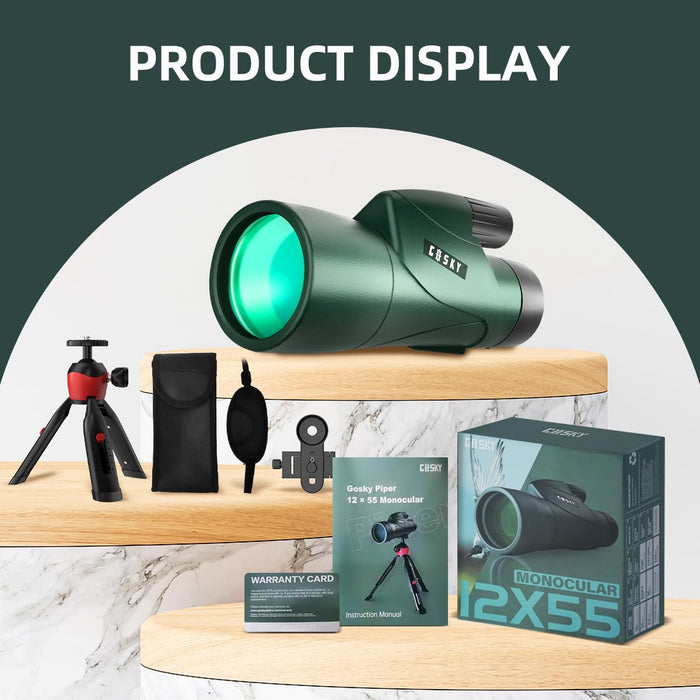 Gosky 12x55 HD Monocular Telescope with BAK4 Prism & FMC Lens, Lightweight with Smartphone Adapter - For Bird Watching, Hunting, Hiking, Traveling