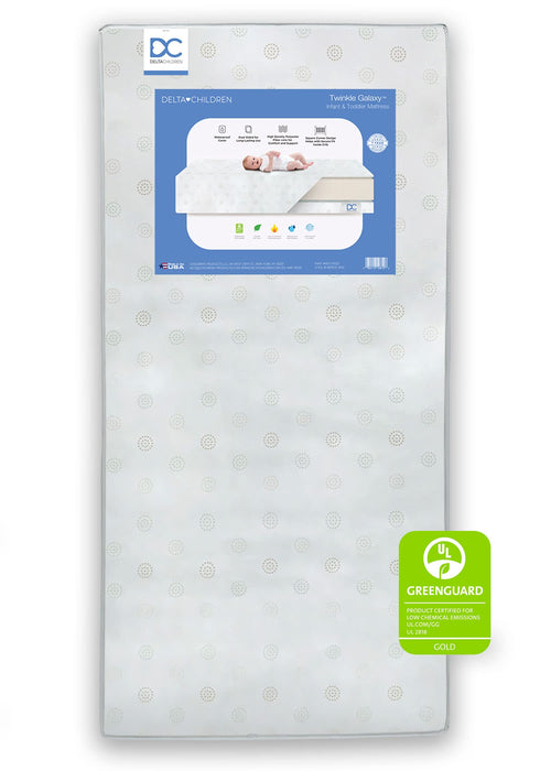 Delta Children Twinkle Galaxy Dual Sided Crib and Toddler Mattress - Premium Sustainably Sourced Fiber Core - Waterproof - GREENGUARD Gold Certified (Non-Toxic) - 7 Year Warranty - Made in USA