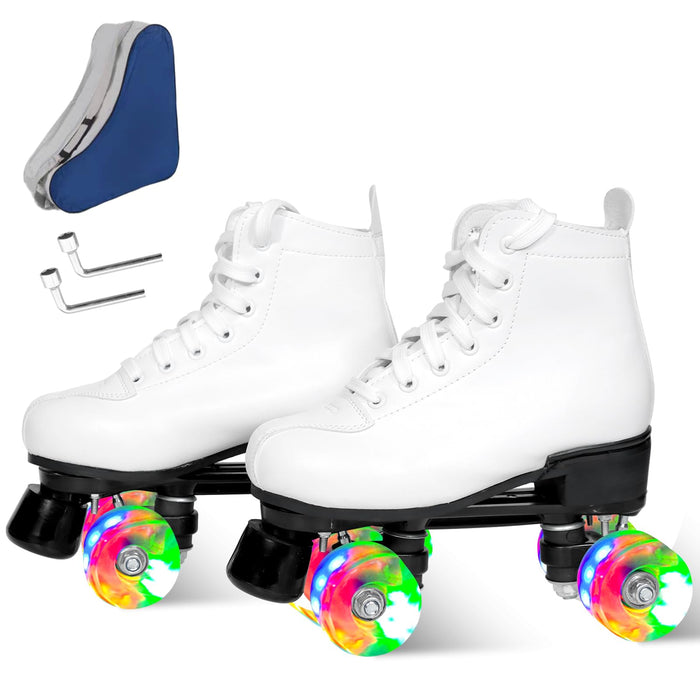 Wiwiy Roller Derby Skates for Women and Men,White Roller Skates for Outdoor Indoor, Adjustable Four Shiny Wheel Roller Skates