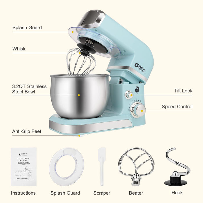 Kitchen in the box Stand Mixer,3.2Qt Small Electric Food Mixer,6 Speeds Portable Lightweight Kitchen Mixer for Daily Use with Egg Whisk,Dough Hook,Flat Beater (Blue)