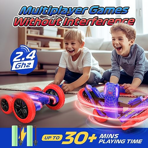 DEERC Spider Remote Control Car - Double Sided Mini RC Stunt Car, 360°Rotating 4WD Off-Road RC Cars with Headlights 2.4Ghz Indoor/Outdoor Rechargeable Toy Car for Boys age 4-7 8-12 Birthday Xmas Gift