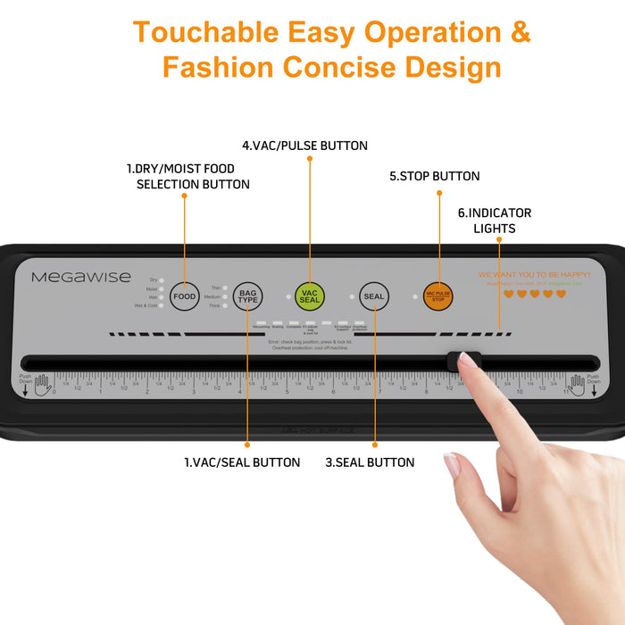 2023 Updated Vacuum Sealer Machine, MEGAWISE Food Sealer w/Starter Kit, Dry & Moist Food Modes, Compact Design with 10 Vacuum Bags & Bulit-in Cutter(Grey)