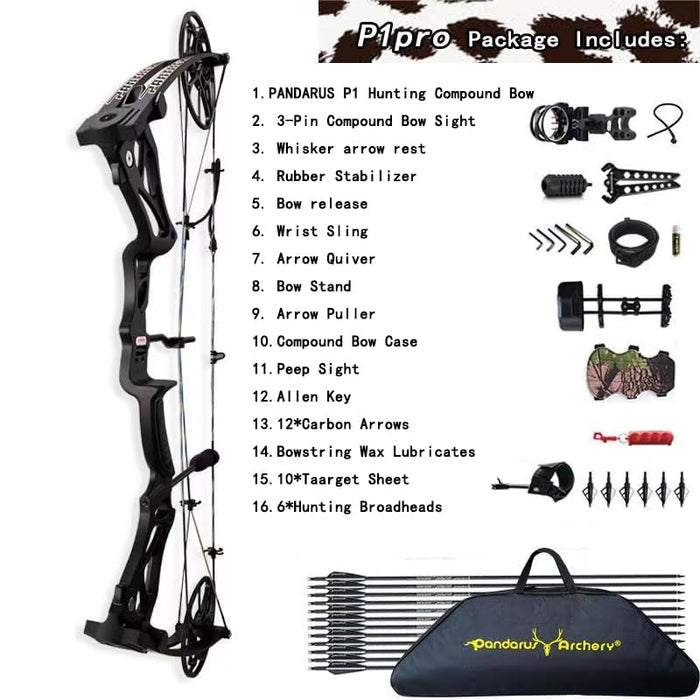 PANDARUS Compound Bow Package for Adults and Teens, 0-70 Lbs Draw Weight Limbs Made in USA,Lightweight Design，with Archery Hunting Equipment, Limited Life-time Warranty(Black Right Handed Pro)