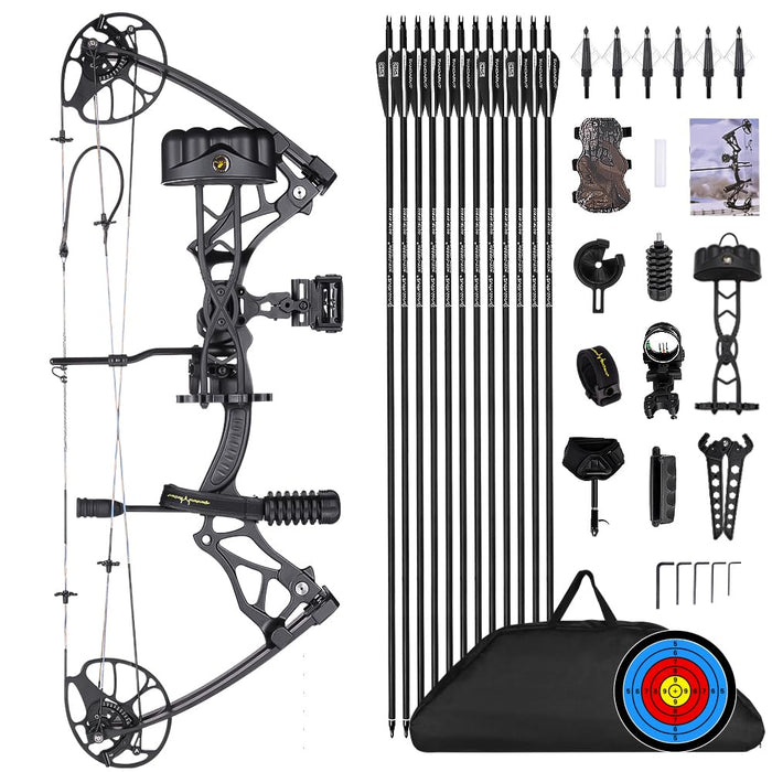 PANDARUS Compound Bow Package for Adults and Teens, 0-70 Lbs Draw Weight Limbs Made in USA,Lightweight Design，with Archery Hunting Equipment, Limited Life-time Warranty(Black Right Handed Pro)