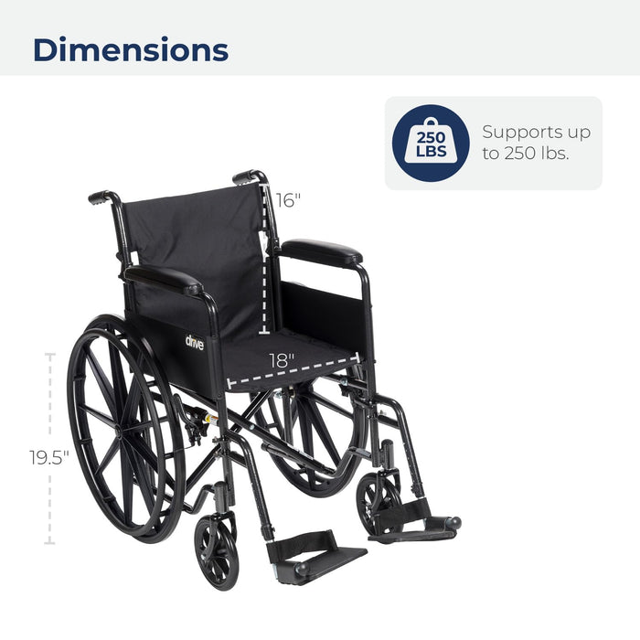 Drive Medical SSP118FA-SF Silver Sport 1 Folding Transport Wheelchair with Full Arms and Removable Swing-Away Footrest, Black