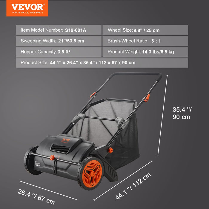 VEVOR Push Lawn Sweeper, 21-inch Leaf & Grass Collector, Strong Rubber Wheels & Heavy Duty Thickened Steel Durable to Use with Large Capacity 3.5 cu. ft. Mesh Collection Hopper Bag, 2 Spinning Brushes