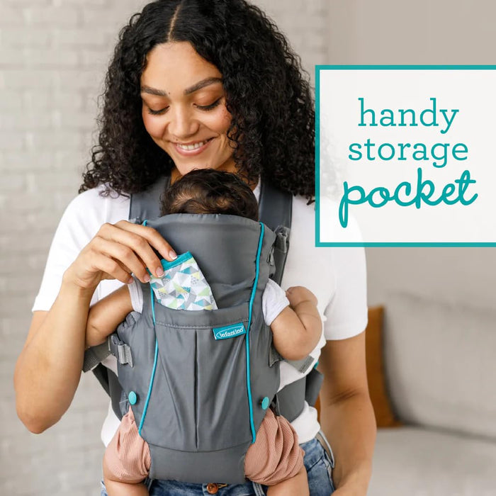 Infantino Swift Classic Carrier with Pocket - 2 Ways to Carry Grey Carrier with Wonder Bib & Essentials Storage Front Pocket, Adjustable Back Strap, Inward & Outward Facing, Easy to Clean Material