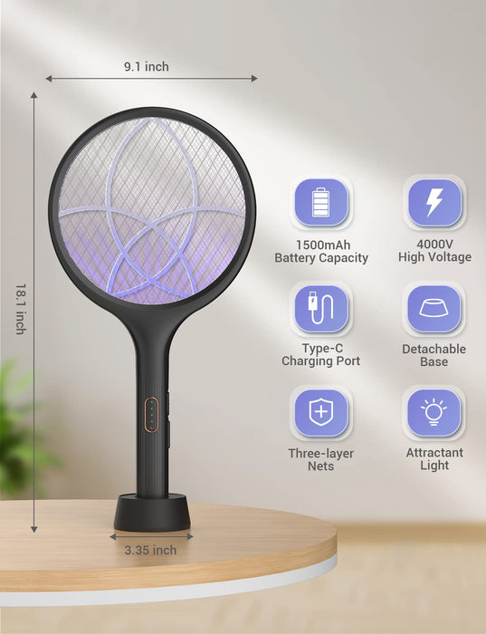 YISSVIC Electric Fly Swatter 4000V Bug Zapper Racket Dual Modes Mosquito Killer with Purple Mosquito Light Rechargeable for Indoor Home Office Backyard Patio Camping (Black 1 Pack)