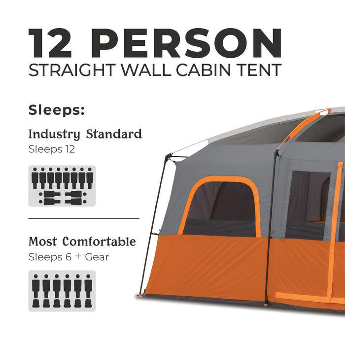 CORE 12 Person Tent | Large Multi Room Camping Tent for Outdoor Family Camping | Portable Cabin Stand Up Tent with Storage Pockets for Camping Accessories, 16ft x 11ft