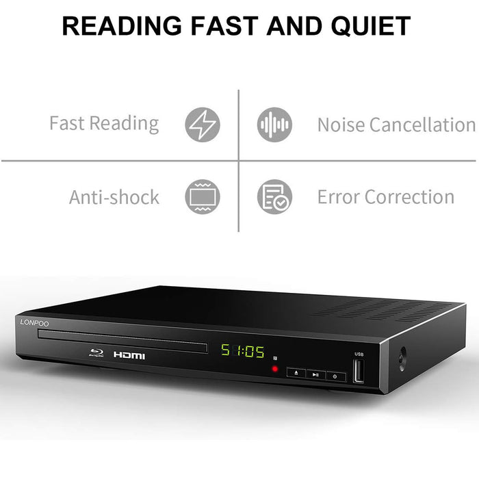 HD Blu-Ray Disc Player for TV with HDMI and AV Cables, 1080P, Built-in PAL NTSC, Coaxial Output, USB Input