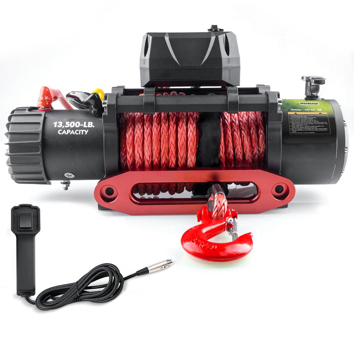 RUGCEL 13500lb Waterproof Electric Red Synthetic Rope Winch with Hawse Fairlead, Wired Handle (13500LB RED)