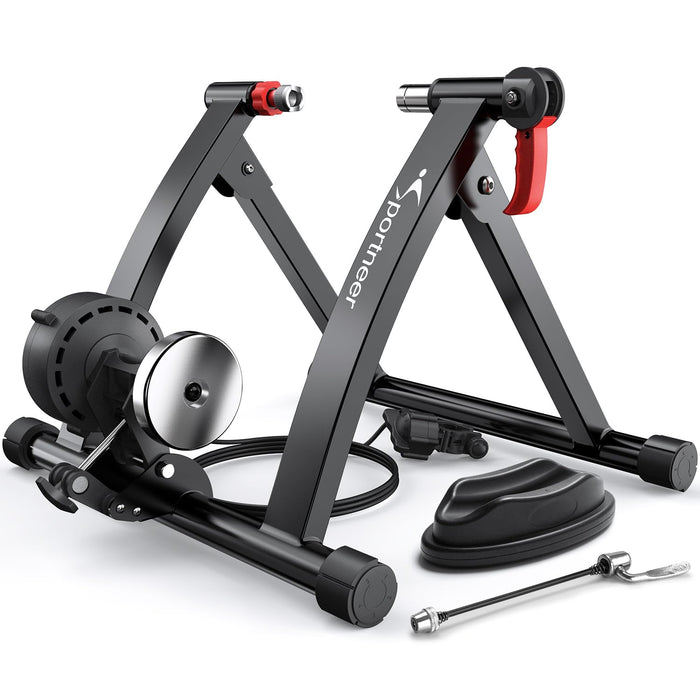 Sportneer Bike Trainer - Magnetic Stationary Bike Stand for 26-28" & 700C Wheels - Adjustable 6 Level Resistance Bike Trainer Stand for Indoor Riding with Quick Release Lever & Front Wheel Riser Block