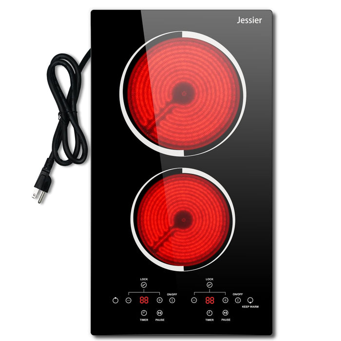 Jessier 12 Inch Electric Cooktop - 2 Burner Countertop & Built-in Electric Stove Top, 120V Plug in Electric Cook Top, Timer, Safety Lock, Over-Temperature Protection, Sensor Touch Control