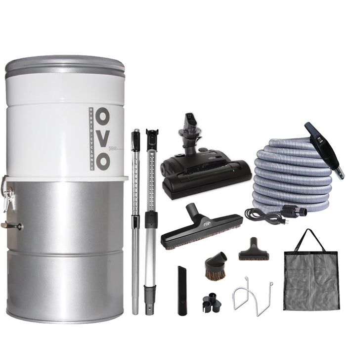 OVO Large and Powerful Central Vacuum System, Hybrid Filtration (with or without Disposable Bags) 25L or 6.6 Gal, 700 Air watts with 30 ft Carpet Deluxe Accessory Kit Included, white and Silver