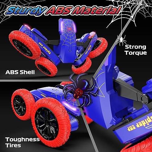 DEERC Spider Remote Control Car - Double Sided Mini RC Stunt Car, 360°Rotating 4WD Off-Road RC Cars with Headlights 2.4Ghz Indoor/Outdoor Rechargeable Toy Car for Boys age 4-7 8-12 Birthday Xmas Gift