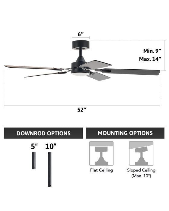 VONLUCE Ceiling Fans with Lights and Remote, 52" Ceiling Fan with 5 Blades, 6-Speeds Noiseless Reversible DC Motor for Farmhouse Bedroom Indoor, Black