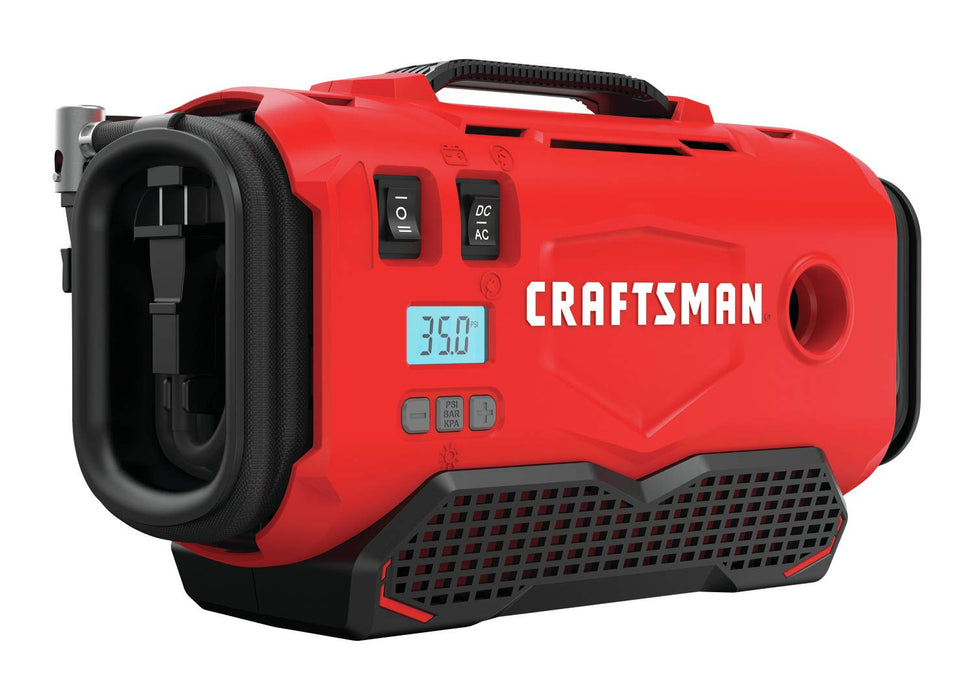 CRAFTSMAN V20 Tire Inflator, Portable Air Compressor, 3 Modes: Cordless, 120V Corded, and 12V Car Adapter, Air Pump, Battery Sold Separately (CMCE520B)