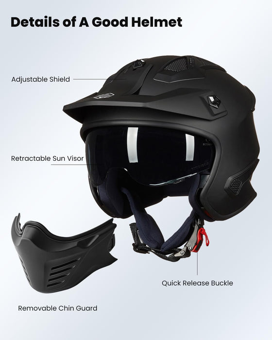 ILM Open Face Motorcycle 3/4 Half Helmet for Dirt Bike Moped ATV UTV Motocross Cruiser Scooter DOT Model 726X (Matte Black,L)