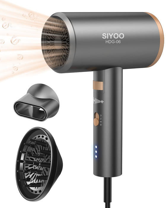 SIYOO Professional Hair Dryer, Ionic Blow Dryer with Diffuser and Nozzle, 1600 Watt Negative Ions Salon Lightweight Hairdryer Gold