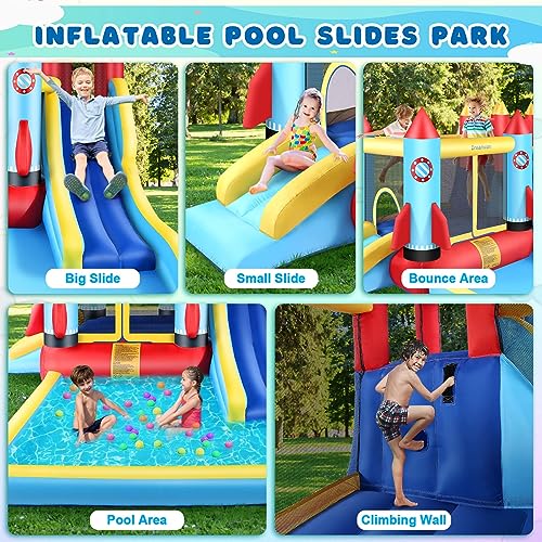 AKEYDIY Bounce House Water Slide, Rocket Castle Bouncy House- 13X12ft Inflatable Bounce House for Kids 3-12 with Slide Park,Pool,Climbing Wall,Bouncer Area- Kids Water Bounce House Indoor/Backyard