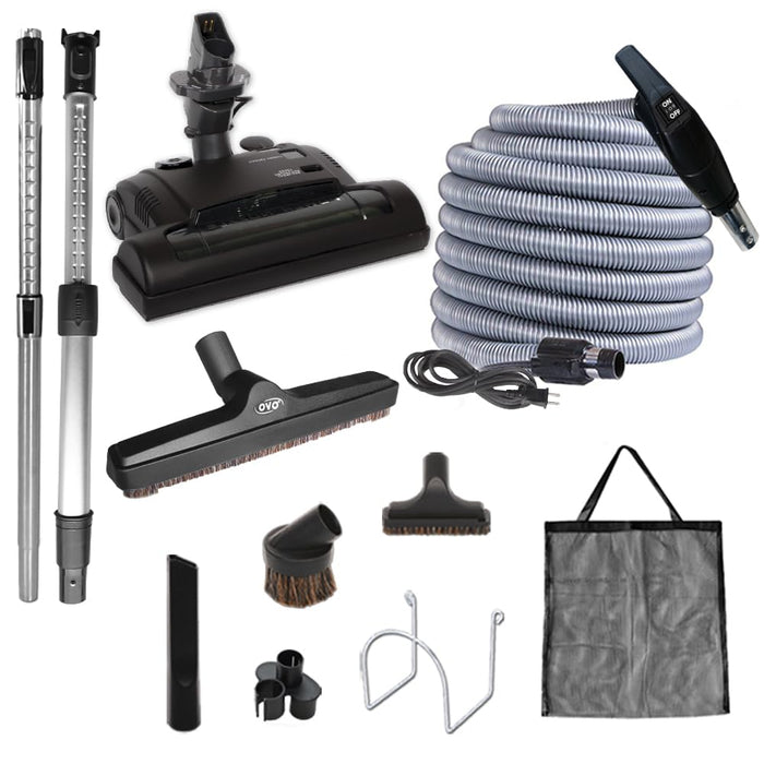 OVO Central Vacuum Carpet Deluxe Kit, 30ft ON/Off High-Voltage Hose with Pigtail, Deluxe 6 Adjustable Height Electric Carpet Beater, 12’’ Premium Floor Brush, Cleaning Tools and Easy Storage Acc.