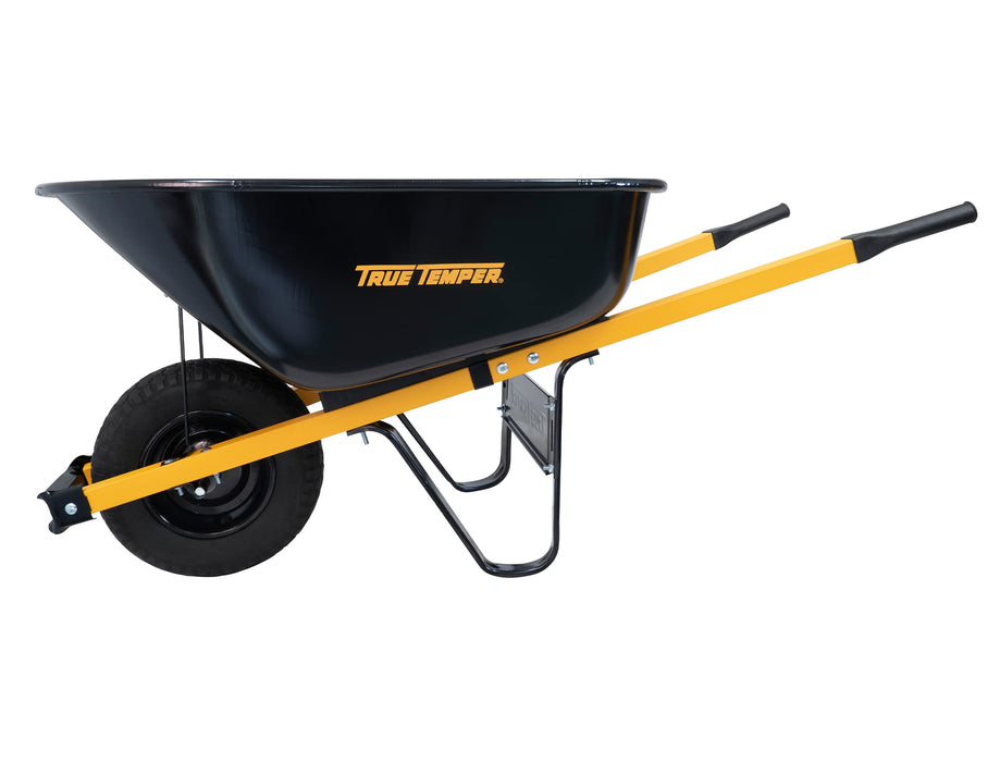 True Temper R6STFFEC 6 Cu. Ft Steel Tray Wheelbarrow with Never Flat Tire & Steel Handles, Black