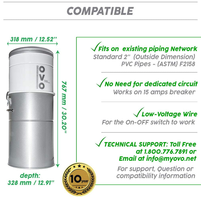 OVO Heavy Duty Powerful Central Vacuum System, Filtration (with or Without Disposable Bags) 35L or 9.25Gal, 700 Air watts, Large Hybrid Vac, White & Silver