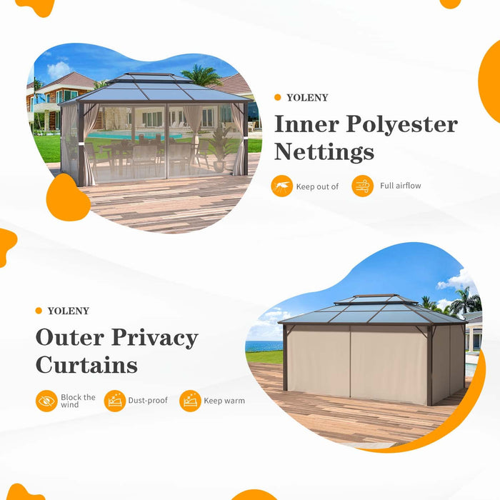 YOLENY 10'x13' Hardtop Gazebo, Outdoor Polycarbonate Double Roof Canopy, Aluminum Frame Permanent Pavilion with Curtains and Netting, Sunshade for Garden, Lawns, Patio