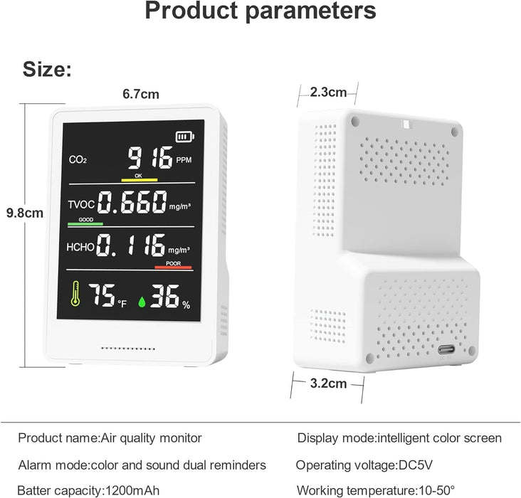 5-in-1 Indoor Air Quality Monitor,Professional CO2 Monitor | Temperature | Formaldehyde Detector | Humidity TVOC | Air Quality Tester with Alarm for Rooms,Cellars,Grow Tents,Air Quality Tester,White