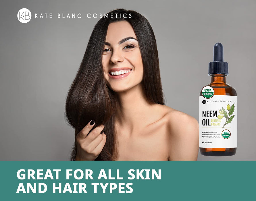 Kate Blanc Cosmetics Neem Oil for Skin (4oz) Natural & USDA Organic Neem Oil Concentrate. 100% Pure Neem Oil for Hair Growth and Organic Neem Oil for Plants. Mixed with Water to Create Plant Spray